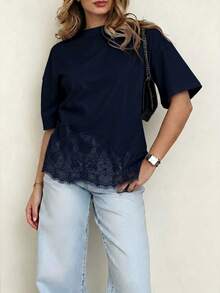 Spring New Solid Color Knit Fabric Lace Patchwork Short Sleeve T-Shirt, Casual, Sports, Office Wear For Spring/Summer - Royal Blue - View 6