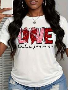 Camiseta Love Like Jesus con Lazo Rojo Brillante para Mujer, Inspirada en la Fe Cristiana, Regalo de San Valentín, Camiseta Blanca Casual, Estilo Vintage Urbano, Unisex, de Algodón, Manga Corta, Cuello Redondo, 100% Algodón - Blanco - Ver 3