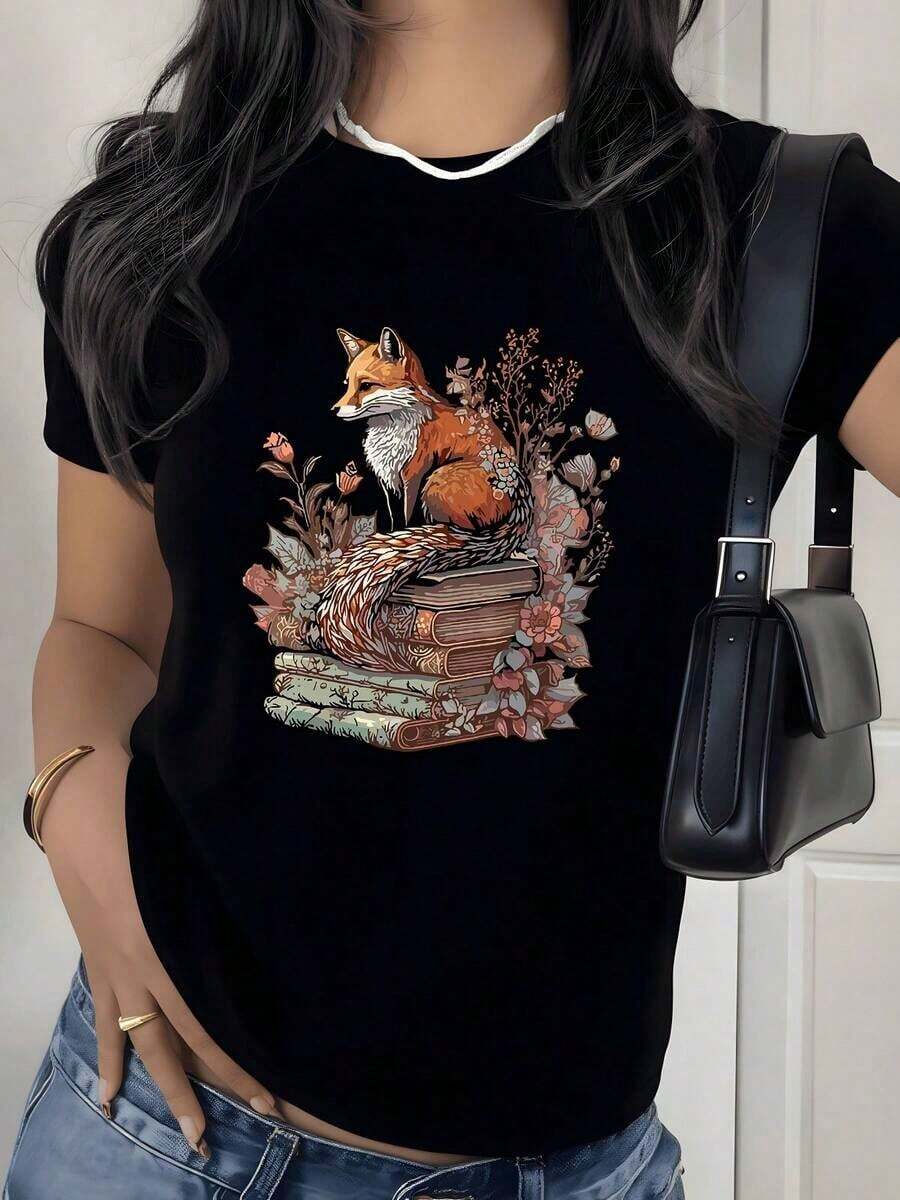 Fox Books Floral Print T-Shirt, 180g, 1 Piece, Nature Inspired, Women's Casual T-Shirt, 100% Cotton, Vintage Artistic Style - 黑色 - 查看 1