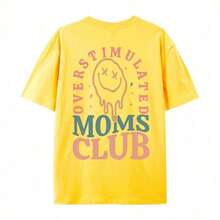 Women's Summer T-Shirts With A 'Mom Club' Graphic Print, Crew Neck, Short Sleeves, Simple Casual Style For Everyday Wear, In Black, Plus Sizes. Graphic Print T-Shirts For Mom's Birthday, Fun Prints For Mom, Women's Summer Clothes, Summer T-Shirts With Face And Letter Prints. - 黃色 - 查看 3