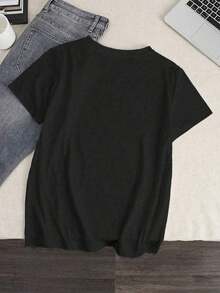 Women's Short-Sleeved T-Shirt With Round Neck And Kiss Print, Suitable For Daily Wear And Casual Occasions, Summer Black Color. Comfortable And Relaxed Casual T-Shirt For The Skin - 黑色 - 查看 4