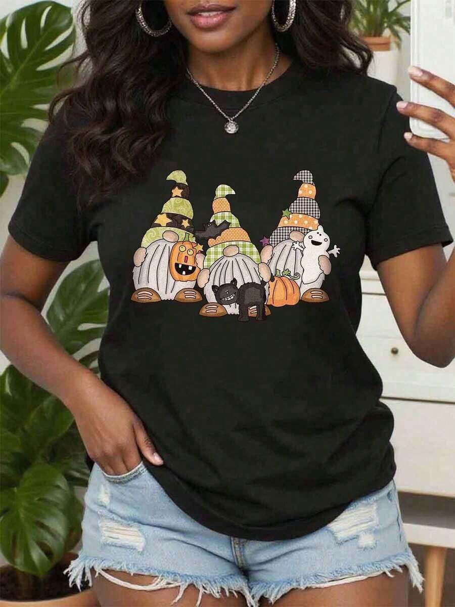 Camiseta para amantes de los gnomos Happy Hallothanksmas, Camiseta de Feliz Halloween y Feliz Navidad, Camiseta unisex casual de manga corta con patrón de gnomos, Atuendo para fiestas de Halloween y Navidad, Regalos festivos ideales para todas las temporadas, playeras de mujer - Negro - Ver 1