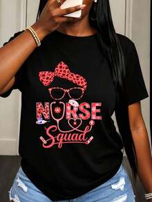 Camiseta de Mujer Nurse Squad con Diseño de Lazo de Leopardo, Gafas y Estetoscopio para Uso Casual en Primavera y Verano - Negro - Ver 6