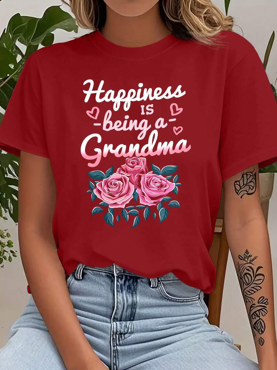 Women's Casual Short Sleeve T-Shirt - Printed With The Phrase "Happiness Is Being A Grandmother", Round Neck, Machine Washable, Casual Spring/Summer Vacation Wear, Easy-To-Wear T-Shirt, Fun Design, Loose Fit, Fashionable, Durable Printed T-Shirt - High Quality - 紅色 - 查看 1