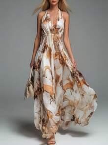 Vestido nuevo para mujer, de estampado, estilo casual, cuello halter, sin mangas, escote en V, diseño fresco, favorecedor, perfecto para looks de día, vacaciones, paseos y ocasiones informales - Marrón - Ver 1