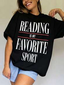 Vintage T-Shirt "Reading Is My Favorite Sport", Literary T-Shirt, Gift For Readers, Gift For English Teachers, Bookworm T-Shirt, Librarian T-Shirt, Book Lover T-Shirt, Thick Cotton Short Sleeve Graphic Print T-Shirt, Casual For Women - 黑色 - 查看 7
