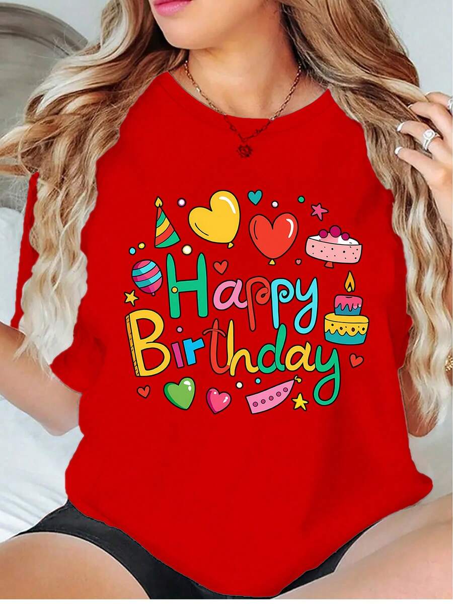 Simple And Versatile Design, One-Piece T-Shirt For Summer And Autumn With Round Neck - Party Print With Birthday Cake And Balloons, Women's Round Neck T-Shirt, Autumn Clothing Suitable For Running And Sports, Fashionable, Elegant, Unique, Fun, Elegant Dress For Parties, Graduations, Y2K Style, Unisex Set For Couples, Set For Sisters, Suitable For Gifts, Cotton T-Shirt. - 紅色 - 查看 1