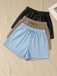 3pcs Solid Color Elastic Waist Sports Shorts - Multicolor - View 4