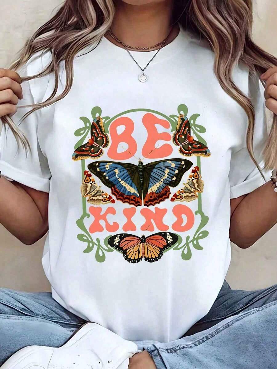 Casual Women T Shirt Round Neck Be Kind Butterfly Print Casual Summer Top Gift For HerFashion - Blanco - Ver 1
