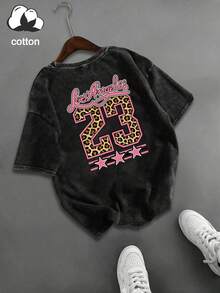 大尺碼女款復古水洗洛杉磯豹紋 #23 雙面印花短袖 T-shirt，度假休閒黑色夏季上衣 - 黑色 - 查看 5