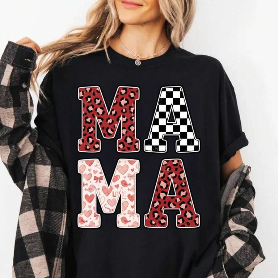 Mama T Shirt, Gift for Mom, Valentines T Shirt, Leopard Print Mama Shirt, Cute Mama Shirt, Birthday Gift for Mom, Mother's Day Gift Idea.JPG - Negro - Ver 1