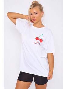 Camiseta de manga corta para mujer con estampado CHERRIES PPERFECTION, estilo holgado y de gran tamaño, camisetas de moda, camisetas cómodas, camisetas transpirables. - Blanco - Ver 4