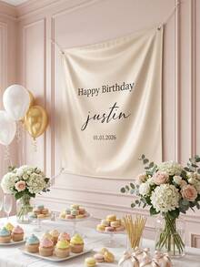 1pc Personalized Birthday Banner With Custom Text,Customizable Name & Date Happy Birthday Banner,Personalized Fabric Backdrop Flag For Party Decoration,Neutral Beige Tone Fabric Banner For Parties - Multicolor - View 4