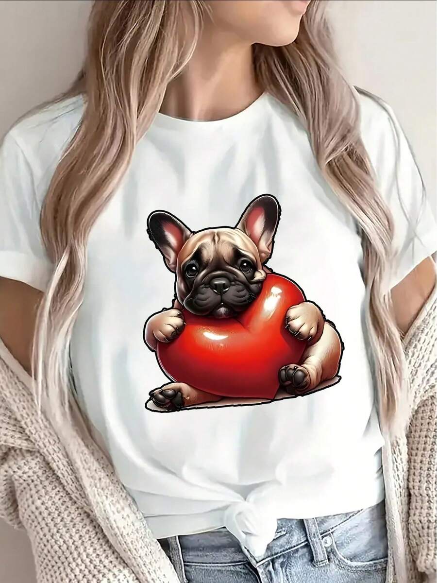 Camiseta divertida perrito francés adorable original diseño gráfico camiseta casual exclusiva para amantes de los animales suave algodón cómodo varias tallas colores disponibles moda - Blanco - Ver 1