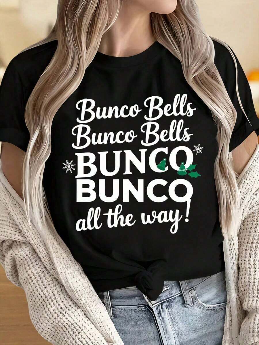 Camisetas para Mujer y Hombre con Cuello Redondo y Mangas Cortas, Camiseta Navideña Bunco Bells Bunco Bunco Bunco All The Way para Mujer, Camiseta Divertida para Fiestas, Regalo para Juegos Divertidos, Estampados Divertidos Adecuados para Fiestas Navideñas, Actividades Deportivas, Fiestas de Vacaciones, Salidas, Deportes y Otros Regalos Navideños. - Negro - Ver 1