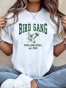 Camiseta Vintage de Algodón, Football Bird Gang Philadelphia Est. 1963, Talla Grande, Estampada, Cuello Redondo, Manga Corta, para Entusiastas del Fútbol Americano, Casual, Cómoda, Transpirable, 100% Algodón, 220g, para Uso Diario - Blanco - Ver 7