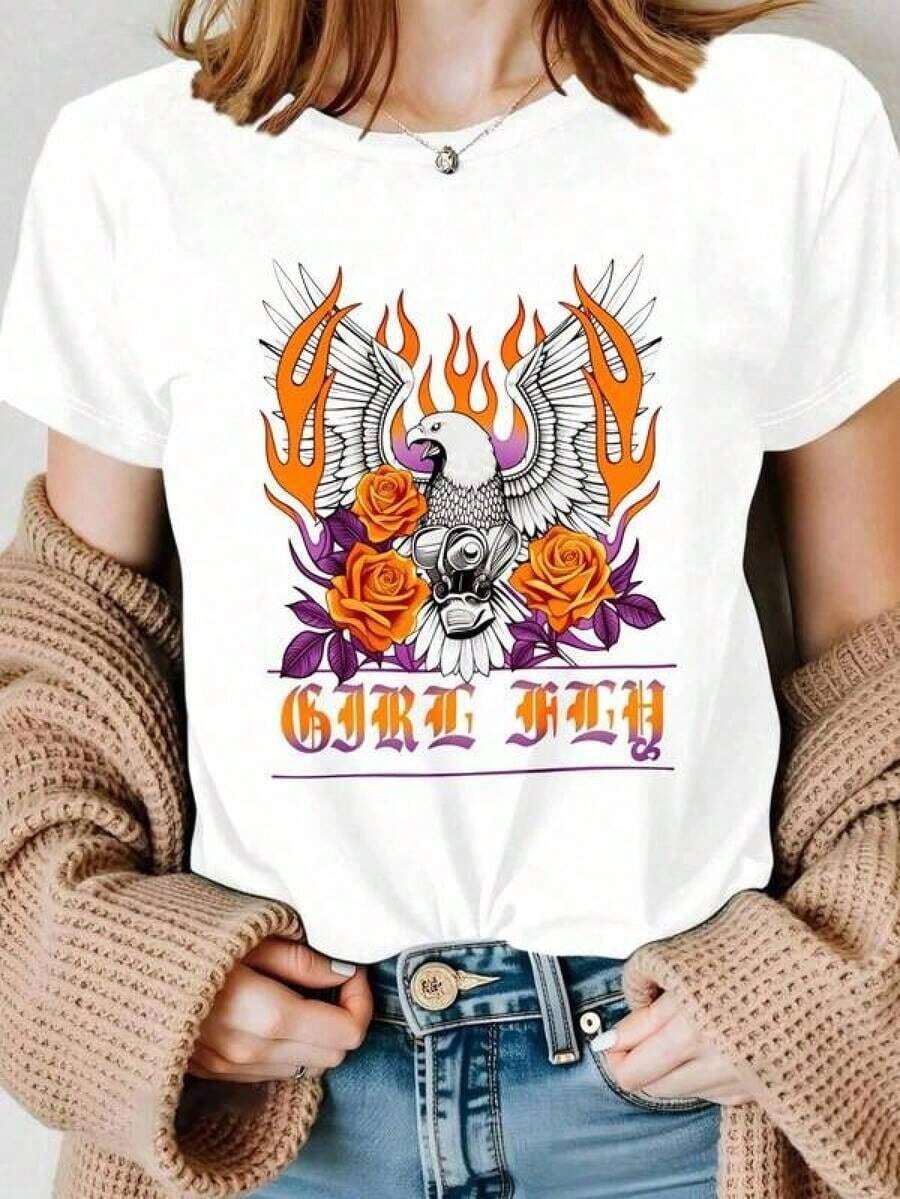 ComfortableCamiseta Blanca con Estampado Gráfico de Águila, Llamas, Rosas y Gracia para Hombre, Top Casual de Moda Urbana para MujerConjunto no incluido, 1 camisetaFashion All-match Women's Short Sleeve T-shirt, Basic Style for Inner & Outer Wear - Blanco - Ver 1