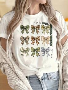 Women's And Men's Round Neck Short Sleeve T-Shirts, Camouflage Bow Print T-Shirt, Casual Short Sleeve T-Shirt For Women, Graphic Design With Military Style Bow, Fashion T-Shirt, Fun Prints Ideal For Christmas Parties, Sports Activities, Holiday Parties, Outings, Sports And Other Festive Gifts. - 白色 - 查看 4