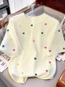 Camiseta de manga corta casual de mujer con estampado de leopardo y gráfico de corazón, para verano - Multicolor 2 - Ver 3