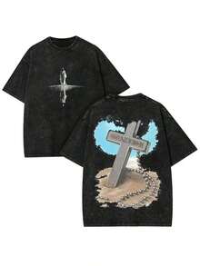 Conjunto de 2 camisetas vintage lavadas de talla grande, con un diseño frontal de figura acuática y un gráfico de reflejo en forma de X, y un diseño trasero de una cruz de arena, cadena plateada y texto azul cielo.Estas camisetas de manga corta - Blanco - Ver 1