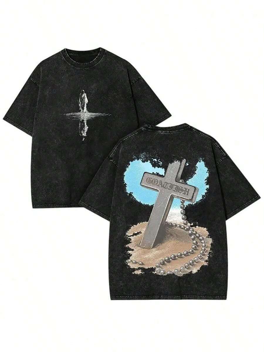 Conjunto de 2 camisetas vintage lavadas de talla grande, con un diseño frontal de figura acuática y un gráfico de reflejo en forma de X, y un diseño trasero de una cruz de arena, cadena plateada y texto azul cielo.Estas camisetas de manga corta - Blanco - Ver 1