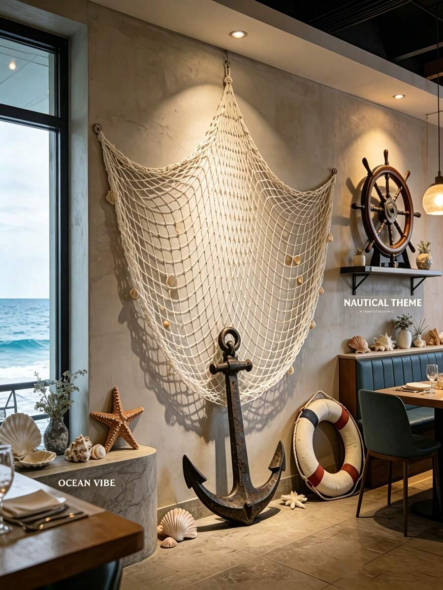 手工編織漁網牆飾，適用於派對、夏威夷主題、水下場景、海盜主題、海洋氛圍、海灘裝飾、萬聖節、聖誕節和感恩節，設計為海灘主題與航海風格