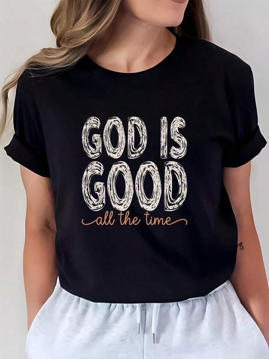 1 Piece Of 100% Cotton Cropped T-Shirt, Casual Round Neck With Print, Ideal For Family Gatherings And Church Events. Breathable Cropped T-Shirt For Everyday Wear - 黑色 - 查看 1