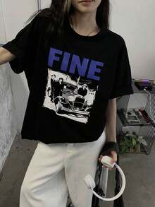 Camiseta casual y holgada de mujer con estampado de letras y bloques de color, camiseta gráfica de verano con diseño oversize, parte superior estilo preppy - Negro - Ver 7