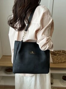 2026 New Large Capacity Tote Bag For Women, Casual Versatile Handbag, Korean Fashion Plaid Shoulder Commuter Bag - Black - View 2