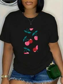 Ropa de mujer de talla, camiseta holgada con estampado de cerezas negras, manga corta, top casual, lavable aáquina, adecuada para uso diario. |   Diseño de cuello redondo | Textura brillante, camiseta de talla para mujer, camisa de manga larga y corta de talla para mujer, top de manga larga para mujer, camiseta de talla para mujer para cumpleaños, paquete de camisetas de talla para mujer - Camiseta de algodón de manga corta, cuello redondo, estilo vintage urbano unisex. - Negro - Ver 5