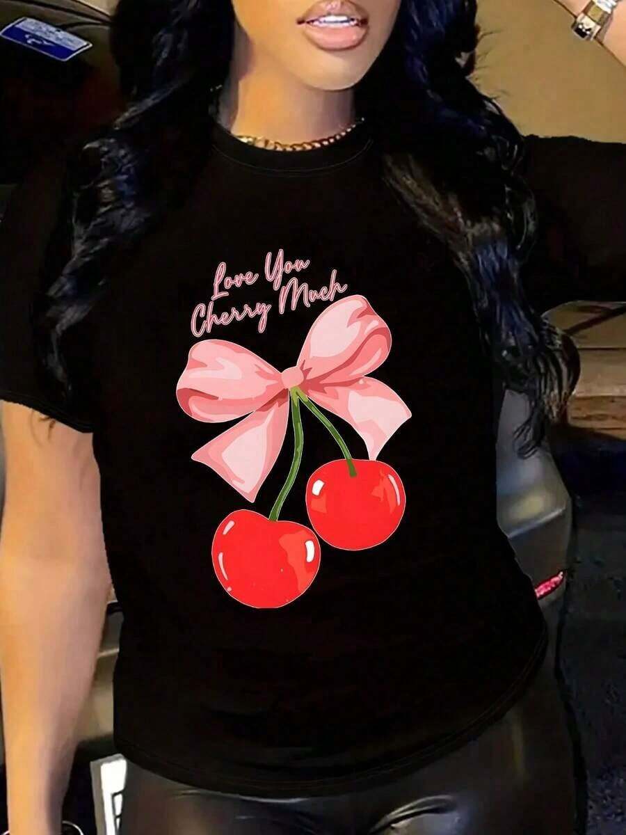 100% algodón, camiseta de mujer de color liso con cuello redondo, manga corta, estampado de cerezas, talla grande, ideal para fiestas y vacaciones. - Negro - Ver 1
