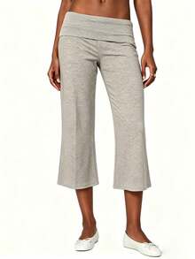 Womens Low Rise Capri Pants Fold Over Waistband Solid Color Slim Fit Cropped Pants Trousers - 灰色 - 查看 4