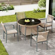 Modern Rattan Garden Furniture Set, Round Glass Table + 4 Armchairs, Iron Frame, Suitable For Terrace/Balcony/Deck - Gray + Iron + Polyester + Tempered Glass - View 5