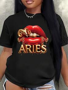 Camiseta de manga corta de poliéster, con un diseño del signo zodiacal Aries con llamativos labios rojos y cuernos de carnero dorados, ligera y duradera, adecuada para uso casual en casa o en una cafetería, una prenda de moda para complementar los atuendos diarios. blusa casual mujer - Negro - Ver 1