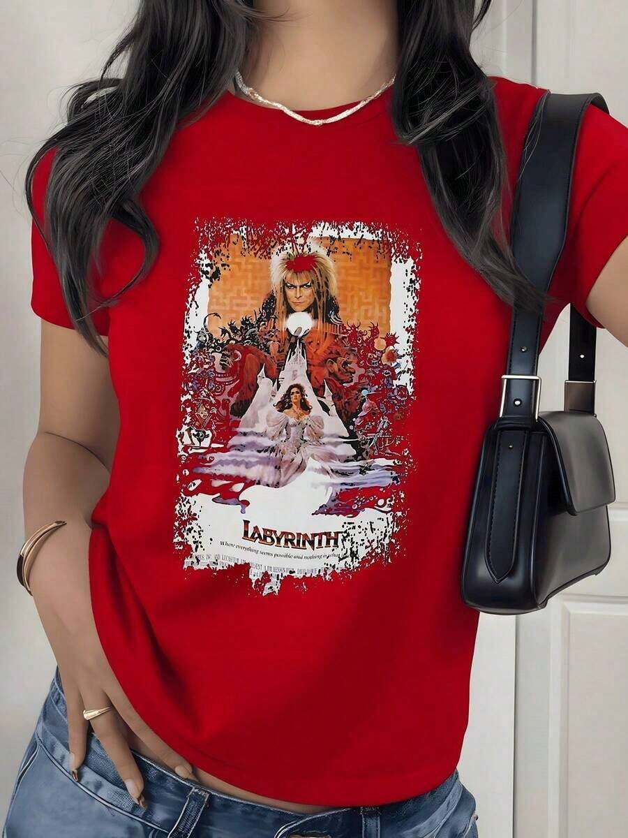 Fantasy Art Graphic Print T-Shirt, 180g, 1 Piece, Mystic Labyrinth, Women's Casual T-Shirt, 100% Cotton, Vintage Style - 紅色 - 查看 1