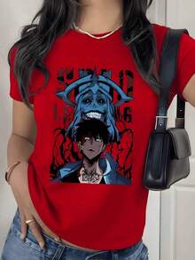 Dark Fantasy Skull Warrior Graphic Print T-Shirt, 180g, 1 Piece, Women's Casual Style, 100% Cotton, Streetwear - 紅色 - 查看 9
