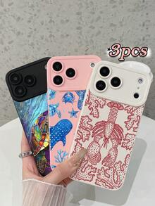 3件套哑光蓝色鲸鱼、水母、螃蟹和海星；红龙虾、珊瑚；彩色海龟多巴胺印花防震手机壳，兼容 11/17/17 Pro/17 Pro Max、Galaxy S25 Ultra，适合母亲节、情人节、生日、复活节、春夏、返校季礼物以及日常使用。 - 彩色 - 查看 3