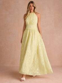 Vestido elegante de cuello halter y espalda descubierta con silueta esbelta - Amarillo - Ver 3