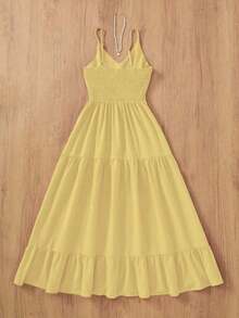 Vestido elegante y casual de línea A sin espalda, de tela tejida de unicolor, adecuado para fiestas, citas nocturnas, bodas, primavera/verano - Amarillo - Ver 2