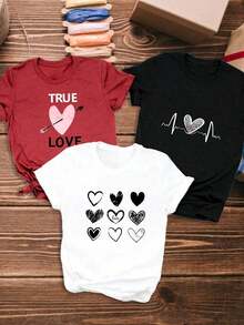 Camiseta de mujer a ,pieza de camiseta casual de manga 3 piezas/set de camisetas de manga suitable for streetwear, Top oversized cuello redondo daily outings, camping, concerts, hip-hop, rock, and rap events para mujer, camiseta con estampado de patrón de pulso en forma de corazón, camiseta de mujer de manga corta con cuello redondo, top deportivo casual transpirable de algodón puro, regalo para vacaciones, Primavera, Mariposa, Pascua. - Negro - Ver 8