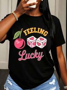Camiseta Casual para Mujer con Estampado de Cerezas y Dados para Uso Diario y Salidas - Negro - Ver 6
