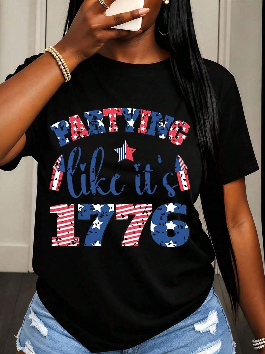 Camiseta de Mujer para el Día de la Independencia, Diseño Patriótico Similar al de la Bandera Americana de 1776 para la Celebración del 4 de Julio - Negro - Ver 1