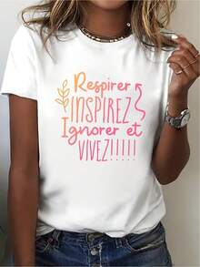 Camiseta con estampado divertido de estilo francés, top casual de manga corta y cuello redondo, estilo primavera/verano, ropa de mujer, conjunto de 1 pieza, ajuste cómodo y holgado, adecuada para viajes y vacaciones. - Blanco - Ver 7