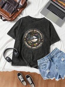 Women's Summer Graphic Print Washed Solid Color Casual Retro Loose Round Neck Cotton Short Sleeve T-Shirt Top Black - Black - View 2
