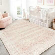 Alfombra de guardería para bebé niña color rosa neutro bohemio linda floral plegable lavable a máquina alfombra de lana sintética suave para sala de estar recámara sala de juegos para - Rosado - Ver 2