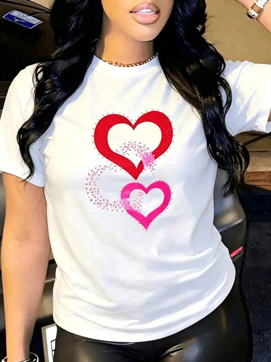 Women's Short Sleeve T-Shirt With Heart Print, Suitable For Summer, Retro Sporty Lunar New Year Pattern T-Shirt, Oriental Style T-Shirt With Urban Aesthetic And 2026 Pattern, Short Sleeve T-Shirt For St. Patrick's Day, Funny Abstract Easter Print T-Shirt, Back To School 2026 T-Shirt, College Style, First Day Of School, Cotton Crew Neck T-Shirt With 2026 Pattern Print For Back To School. - 白色 - 查看 1