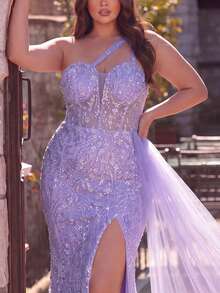Plus Gorgeous Asymmetric Neckline Floral Sequins Beaded Formal Dresses & Evening Gowns Vacation - Purple - View 4