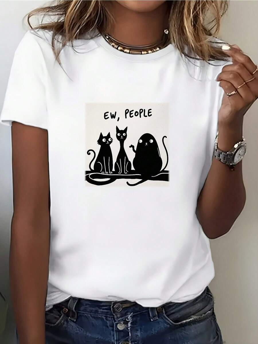 Camiseta Divertida para Mujer "Ew, People" - Camiseta suave con estampado, perfecta para regalos de Halloween, ropa de fiesta, reuniones familiares y de oficina, top casual a la moda. - Blanco - Ver 1