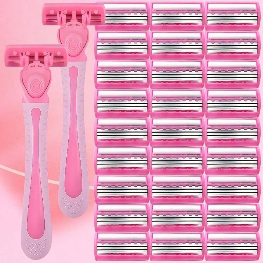 Pink Women's Classic Manual Hair Removal Razor Set - Hypoallergenic, Reusable, 1 Handle + Blade, 3-Layer Stainless Steel, Smooth And Non-Irritating, Normal Skin Tone, Hair Removal Device