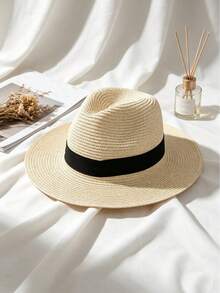 1pc Unisex Summer Sun Protection Straw Hat, Wide Brim Beach Hat, Travel Panama Straw Hat, Round Top Straw Hat - Multicolor - View 10
